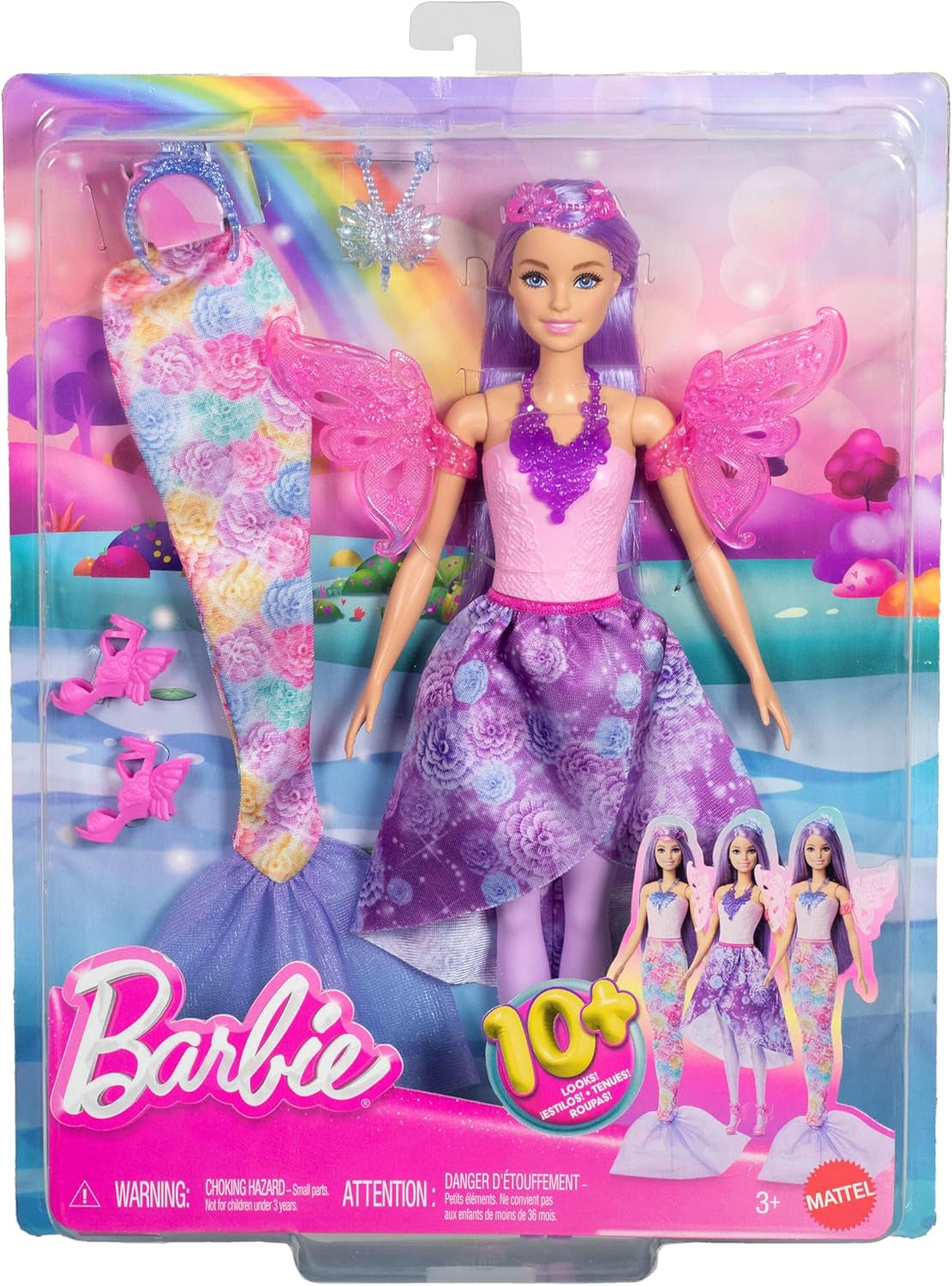 Păpușă Barbie 3 în 1, set de joacă cu 8 accesorii, inclusiv coadă de sirenă, aripi de zână, coliere regale, pantofi și multe altele pentru peste 10 look-uri diferite, JCP74