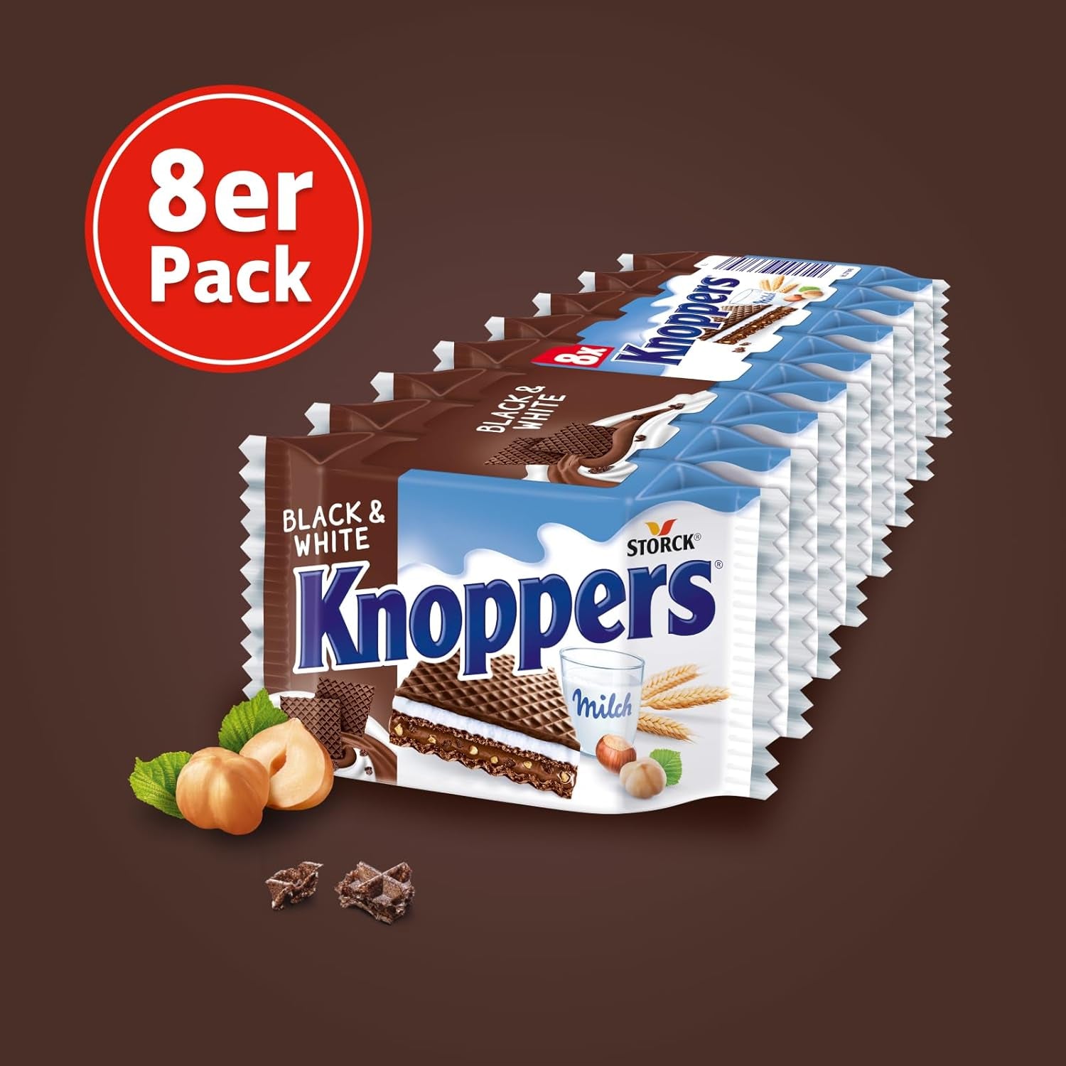 White and Black Knoppers – 8 x 25g – Oplatkové plátky plněné tmavými kakaovými oplatkami, kousky černých sušenek, mlékem a nugátovým krémem