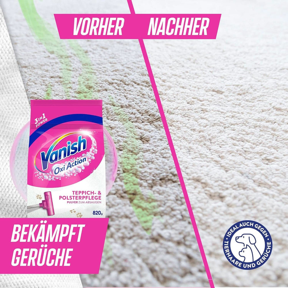 Vanish Oxi Action prášek na čištění koberců a čalounění - 1 X 820 G - Čistí velké plochy koberců a čalounění od špíny, zápachu a prachu Prací prostředky Naty Shop