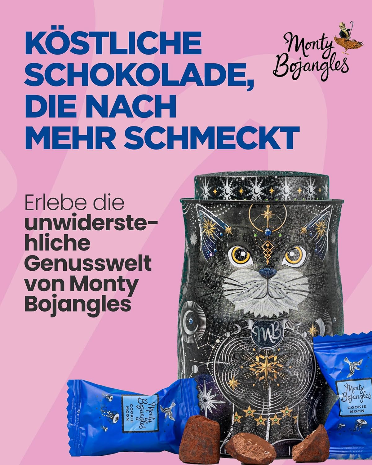Monty Bojangles Zlaté čokoládové lanýže Savanna (135 g) Kakaový prášek Pralinky Dárková sada v individuální sběratelské krabičce s kočičím designem Flutter Scotch Flavor