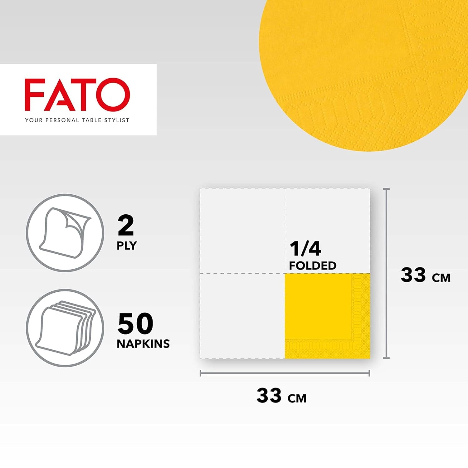 , Șervețele de hârtie de unică folosință, Ideale pentru prânzuri informale și bufete, Pachet de 50 de șervețele, Dimensiune 33X33, 4 ori pliate, 2 straturi, Galben, 100% hârtie din celuloză pură, certificat Fsc