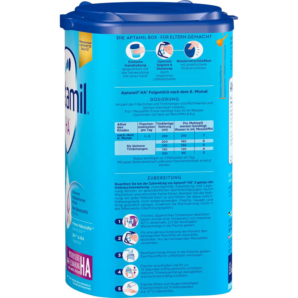 Aptamil HA 2 – Pokračovací mléko po 6 měsících, s Omega 3 a 6, DHA, ARA a ALA, bez laktózy, bez palmového oleje, dětská výživa, sušené mléko, 1 x 800 g (balení 4 ks)
