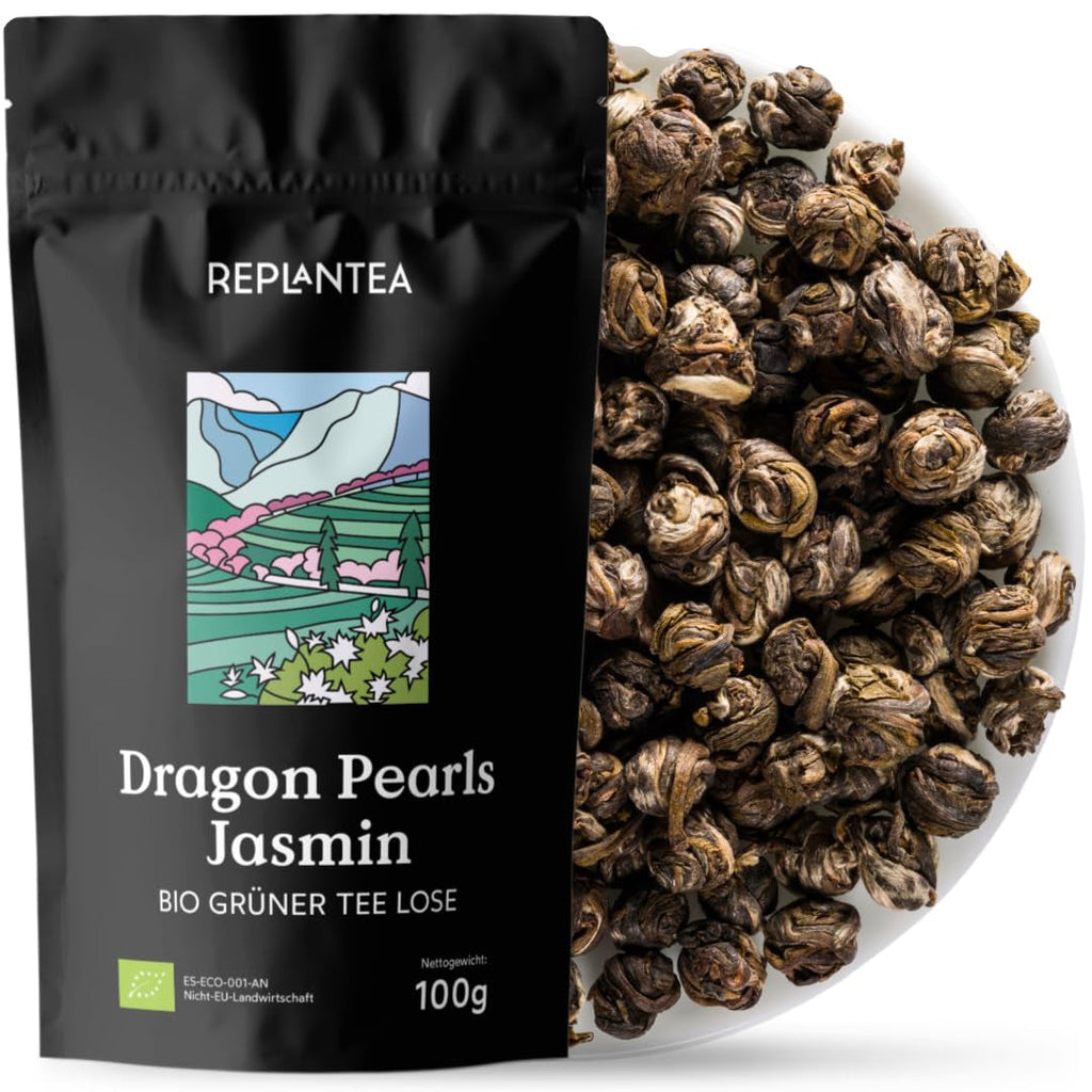 Ceai organic Jasmin Dragon Pearls (100 g) | Ceai verde premium sub formă de perle de jasmin rulate manual | Specialitate de ceai cu aromă delicată de flori | REPLANTEA