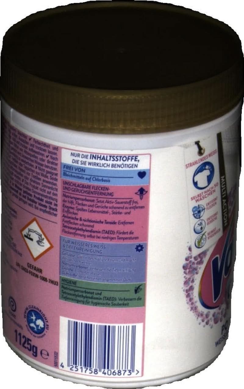 Vanish Oxi Action Powerwhite Powder - 1 X 1,125 Kg - odstraňovač skvrn a prášek pro zlepšení prádla bez chlóru - na bílé prádlo Prací prostředky Naty Shop