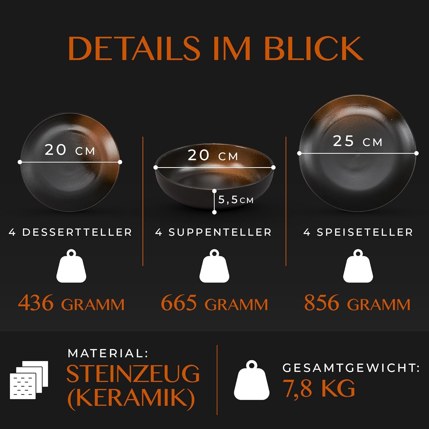 Set de veselă din gresie, format din 12 piese – Prairie Line – design elegant în tonuri de maro/negru, set format din 4 farfurii de cină, 4 farfurii de desert și 4 farfurii de sumă/Colecția Premium