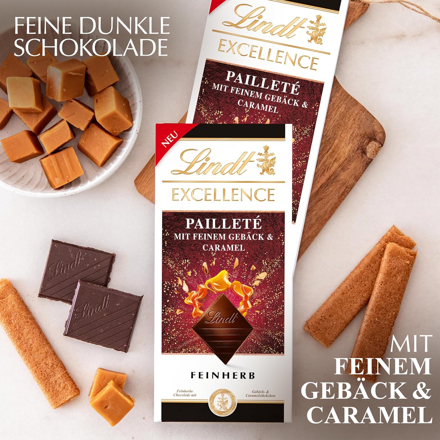 Lindt EXCELLENCE Těsto s flitry a karamelem - jemná hořká čokoláda s intenzivní příchutí kakaa