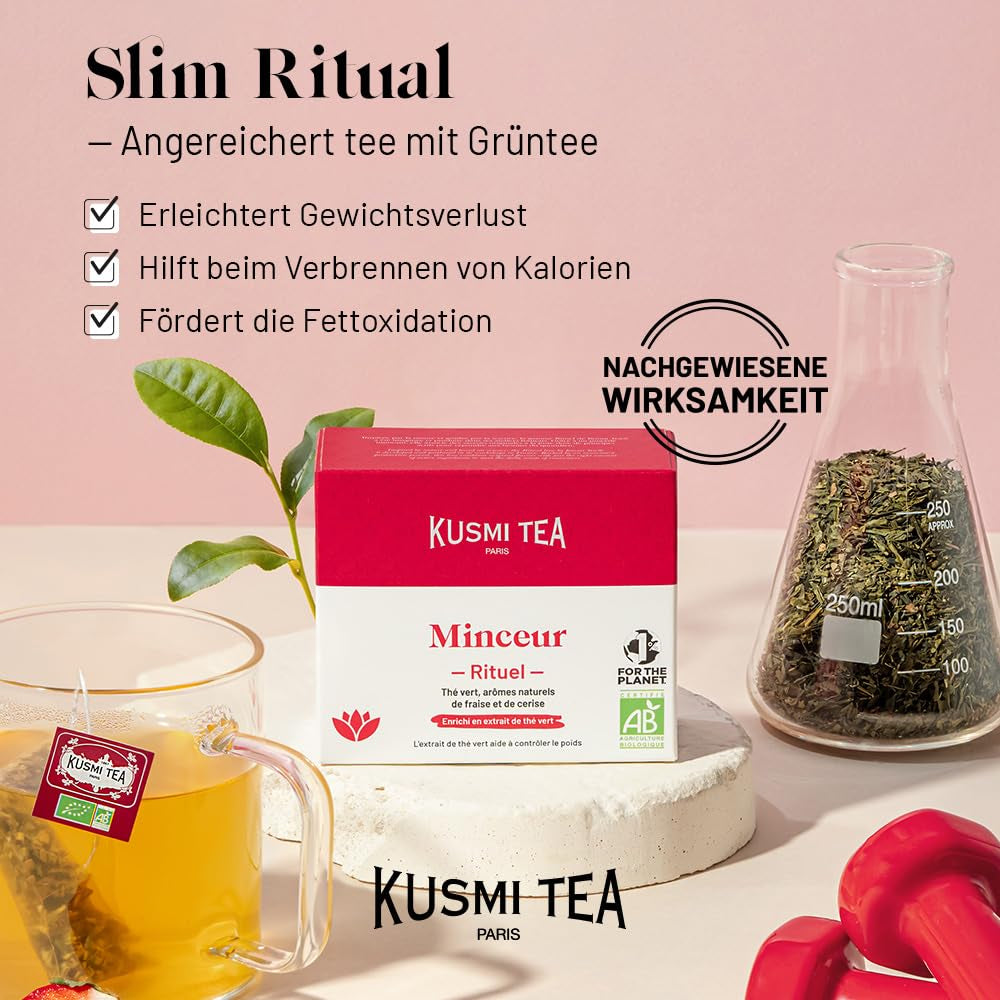 Kusmi Tea - Slim Ritual - Ceai pentru slăbit - Îmbogățit cu extract de ceai verde - Facilitează pierderea în greutate - Căpșuni și cireșe - Ceai vrac - Cutie metalică de 100 g pentru aproximativ 50 de cești