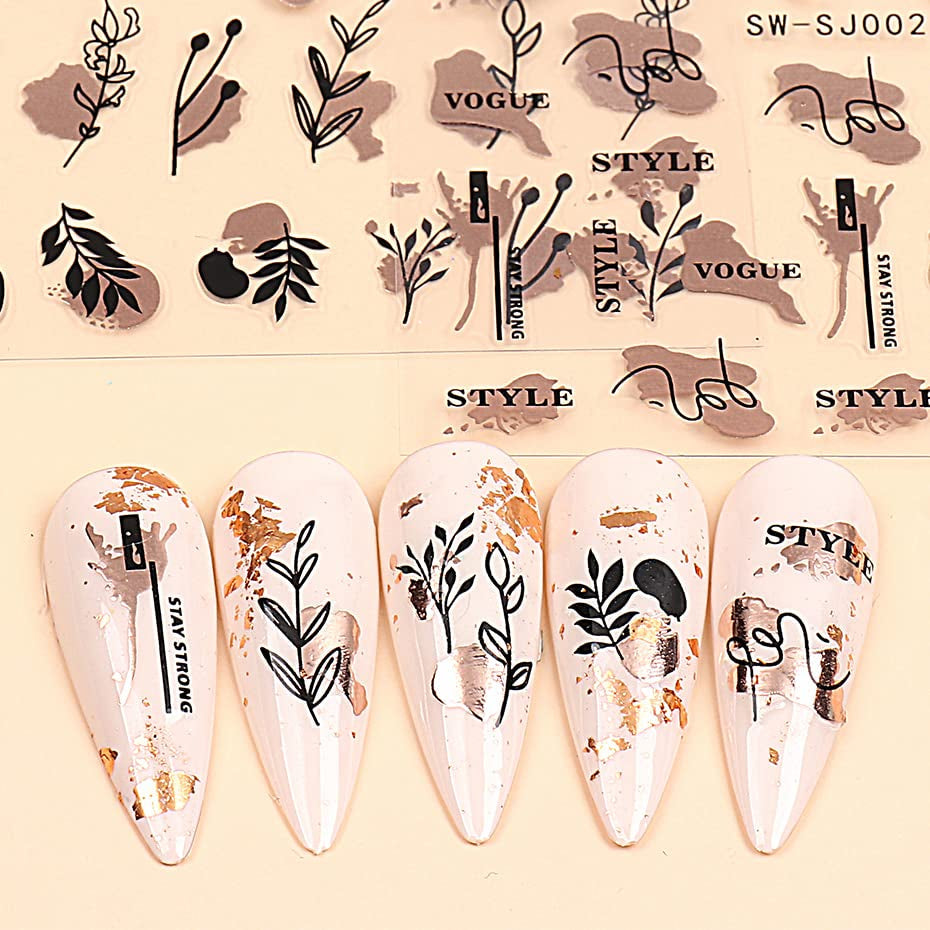 JMEOWIO Nagelsticker Rose Gold Schwarze Blume 12 Blatt Nail Art Sticker Selbstklebend Nagelaufkleber Frühlings Linie Abstraktes Blatt Dekoration Nageldesign Zubehör