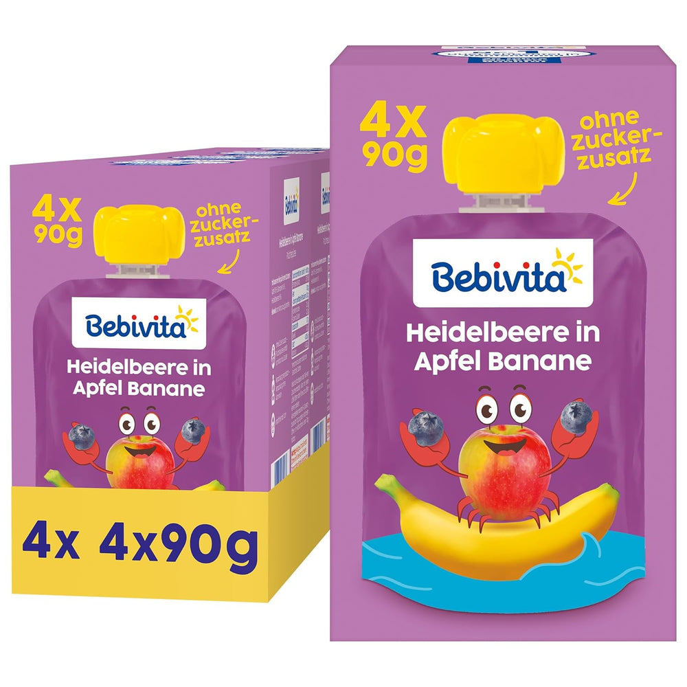 Sáčky s borůvkami, jablky a banány - 16 (4 balení, každá 4 x 90 g), bez přidaného cukru, bez lepku, ideální pro s sebou a svačiny na cestách