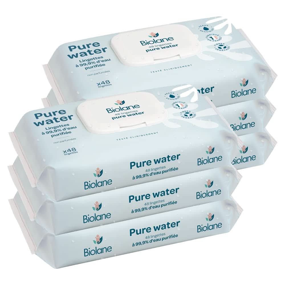 Čistící ubrousky pro miminka BIOLANE Čistá voda - Pro citlivou pokožku - Od narození Dětské vlhčené ubrousky Naty Shop Set 6 X 48 ubrousků