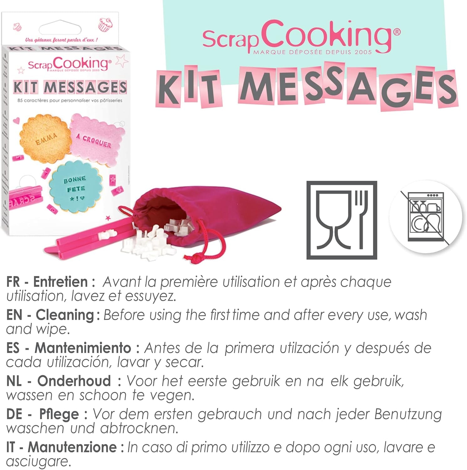 ScrapCooking 3700392420413 Set de ștampile pentru fursecuri, numere și litere – Pentru fondant, fursecuri, copt – Forme de tăiat decorate personalizate, plastic, roz