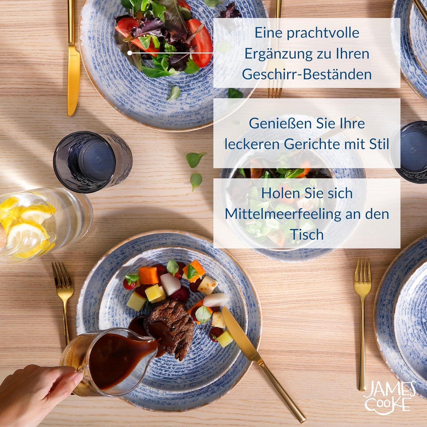 Set de veselă Azure Vintage din gresie pentru 6 persoane - 24 de piese - dungi albe și albastre, suprafață în relief - potrivit pentru mașina de spălat vase, cuptor și cuptor cu microunde