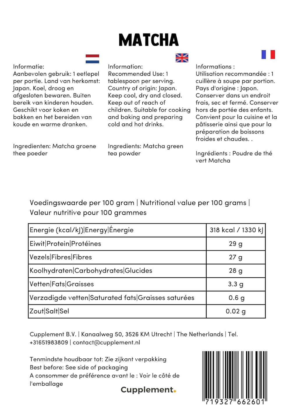 Cupplement Matcha 90 grame bio - Ceai verde pudră de cea mai înaltă calitate - Fără bătător de bambus și tel - Culunary - Set pentru începători - Latte - Bătător - Japonia - Pudră - Ceai - Tel - Pungă - Smoothie
