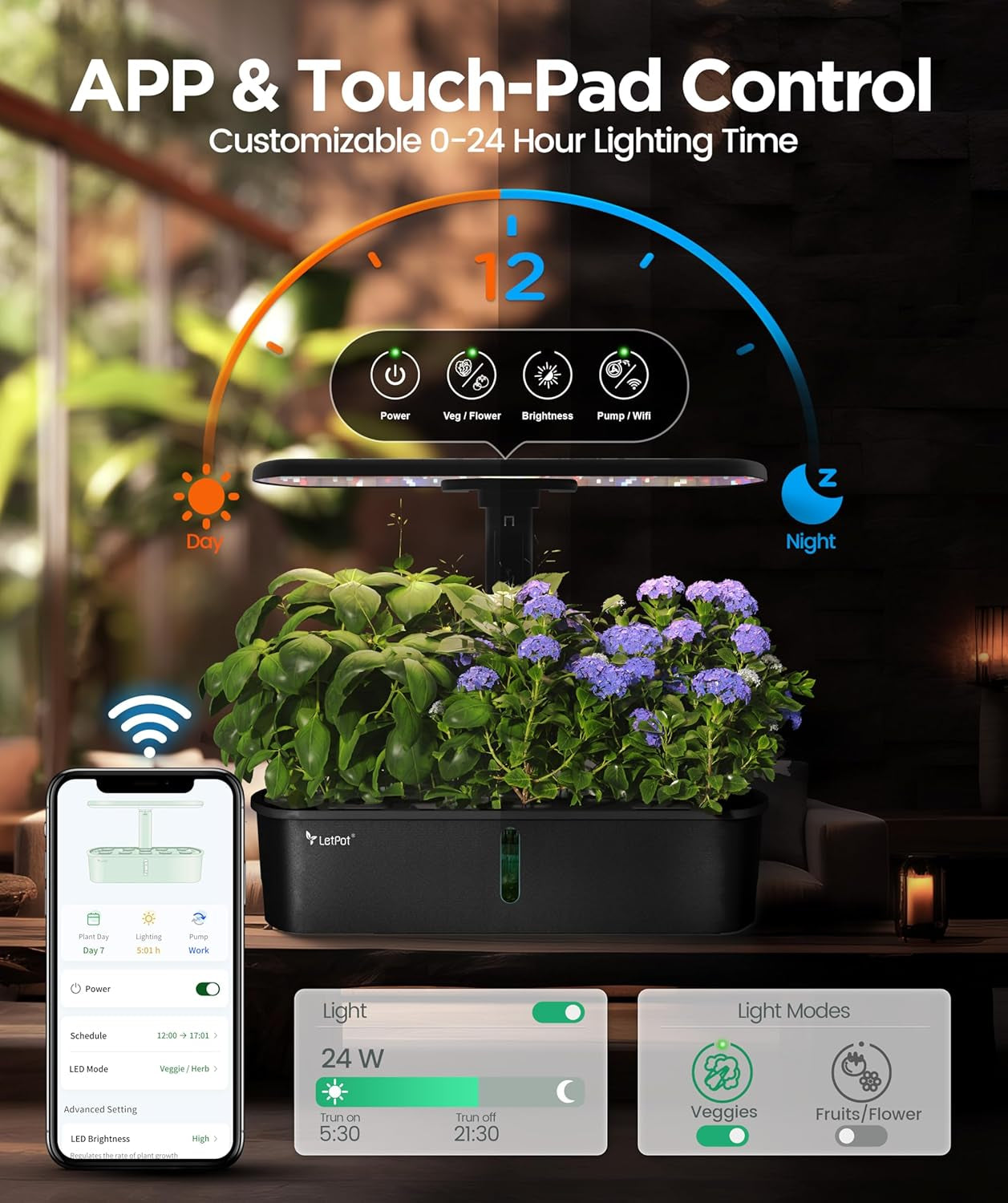 Soupravy LPH-Air Hydroponic Grow Systems WiFi ovládané aplikací 24W Smart Indoor Garden Grow Light Full Spectrum 10 kapslí Dárková sada pro květináče pro vnitřní zahradu