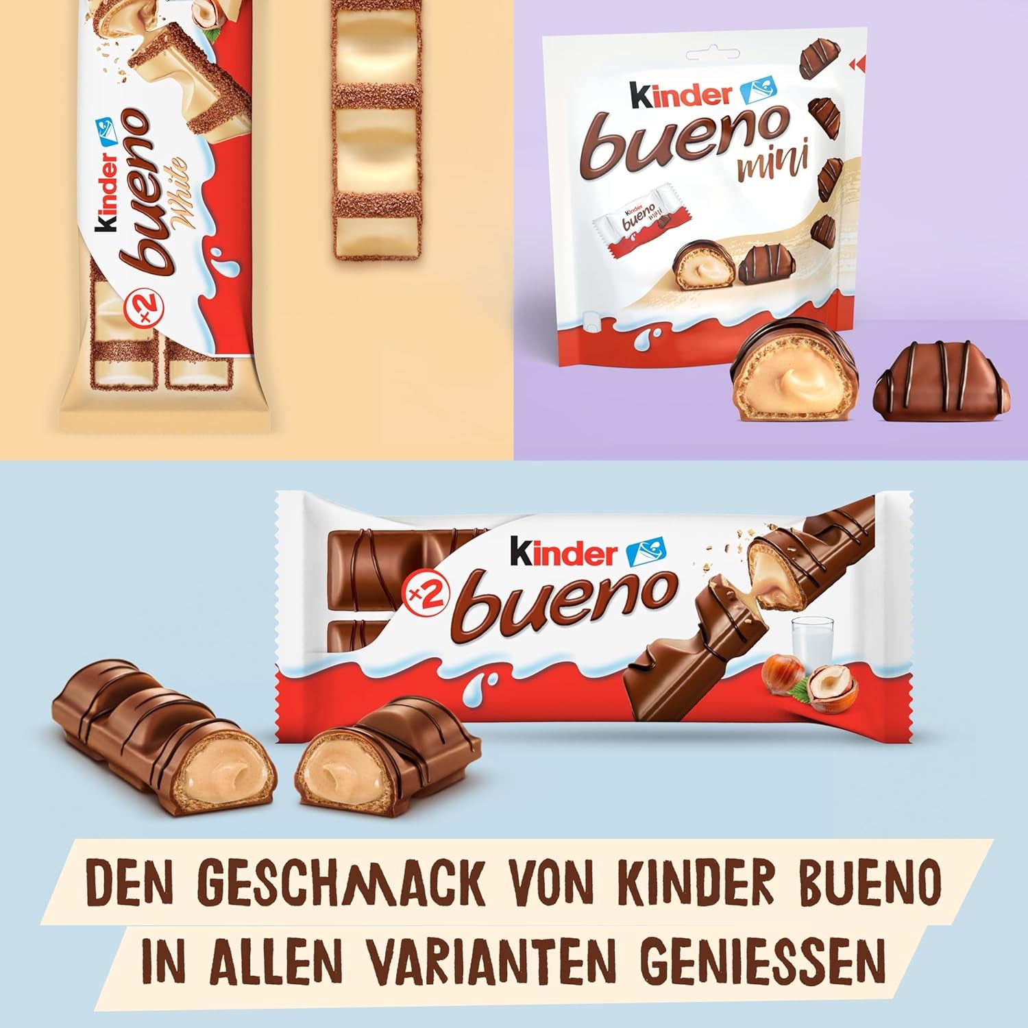 Kinder Bueno Mini – křupavé oplatkové čokoládové tyčinky, mléčná smetana a lískové oříšky a jemná mléčná čokoláda – karnevalové pochoutky – 1 sáček mini jednotlivě balených tyčinek (1 x 108 g)