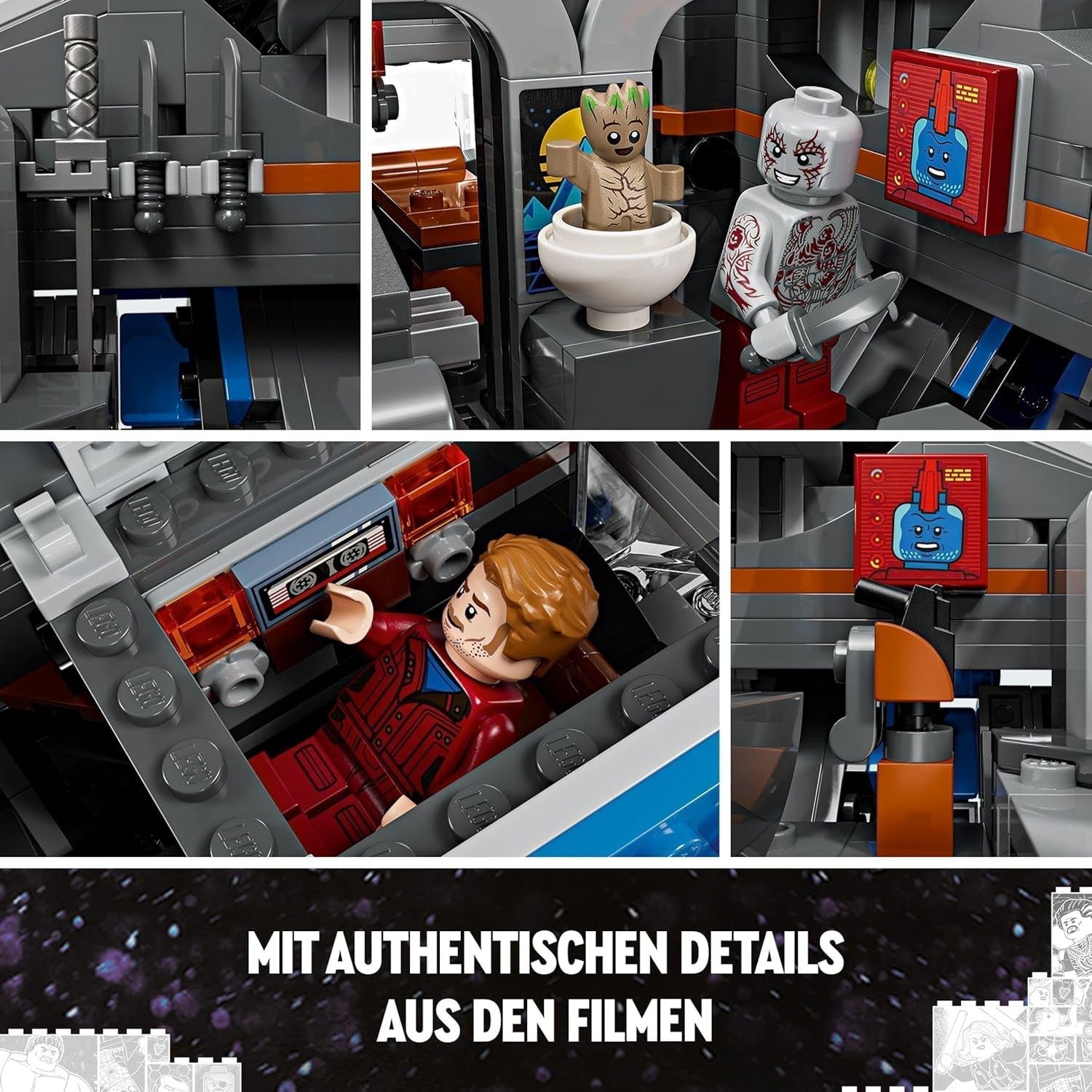 LEGO Marvel Guardians of the Galaxy: Model stavby vesmírné lodi Milano se 4 minifigurkami superhrdinů Avengers Leták pro vesmírná dobrodružství Dárek pro chlapce a dívky 76286 Stavebnice Beuche den LEGO-Store