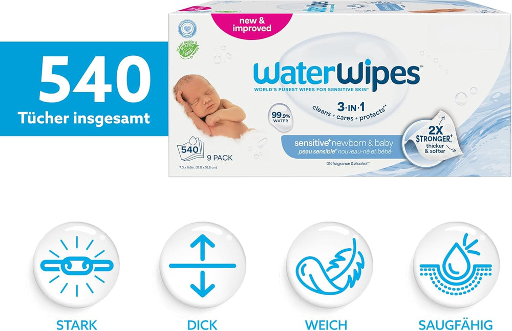 WaterWipes Sensitive+ vlhčené ubrousky pro novorozence a kojence, 540 kusů (9 balení), 3 v 1 čištění, péče, ochrana, 99,9 % vody, bez parfemace