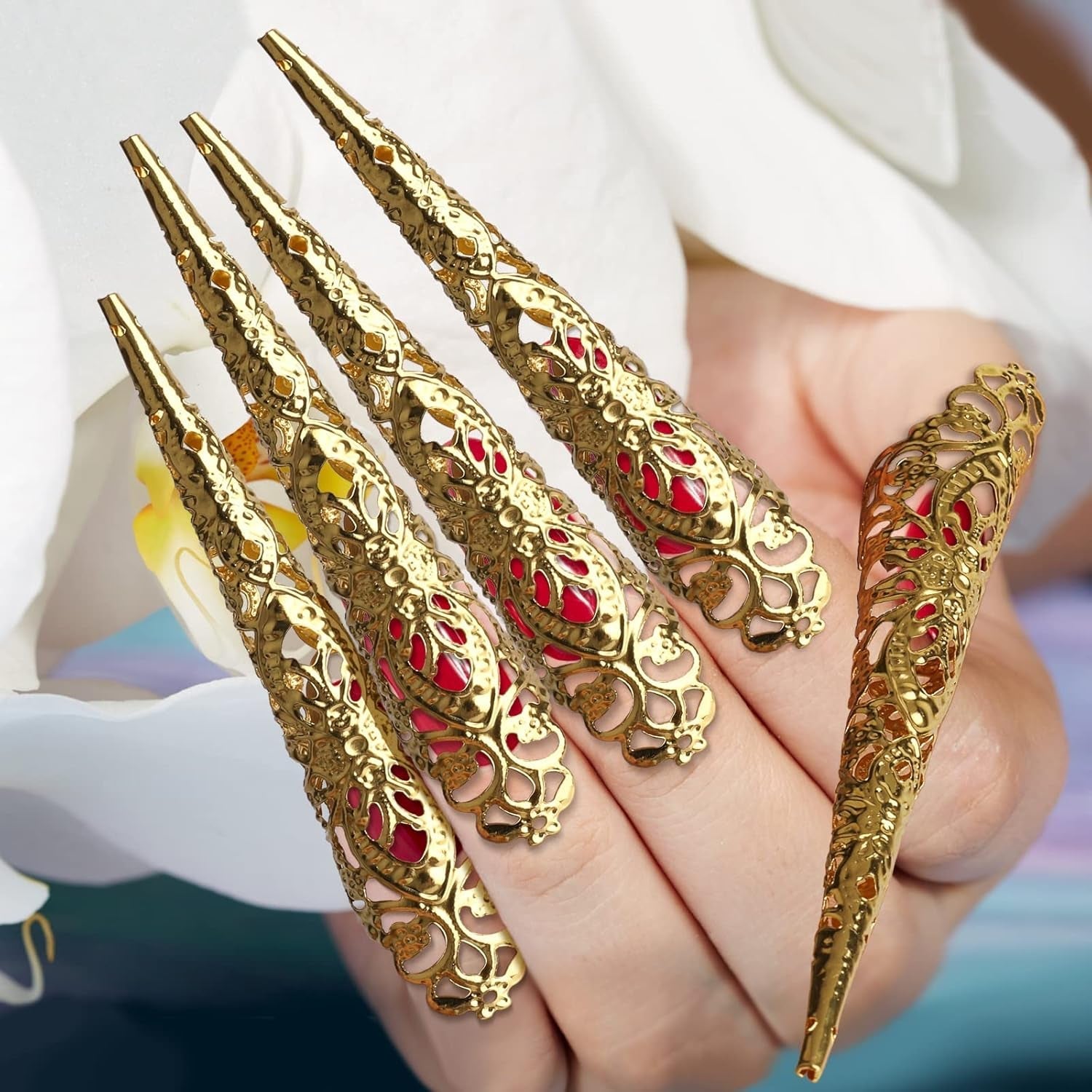 Mwoot 10 bucăți Halloween unghii false aurii unghii false antice regina costum cosplay deget unghii vârful inelelor deget unghii vârful ghearelor inele pentru unghii gheare inele pentru unghii pentru femei