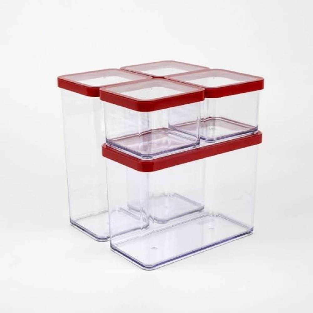 Rotho Loft set de 5 borcane de depozitare cu capac, diferite dimensiuni, plastic alimentar (PP) fără BPA, transparent/roșu, (21,4 x 21,4 x 23,5 cm) Cutii depozitare alimente Naty Shop Set de 5 (1X 2.1L + 2X 1.5L + 2X 0.5L)