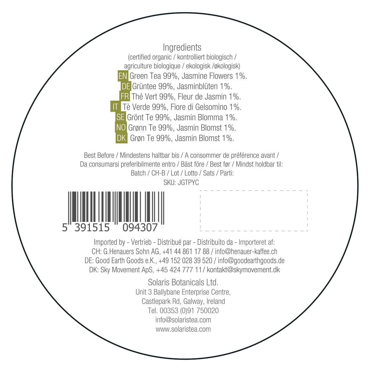 Ceai verde cu iasomie organic, 15 pliculețe de ceai din mătase, pachet de 1 (1 x 30 g)