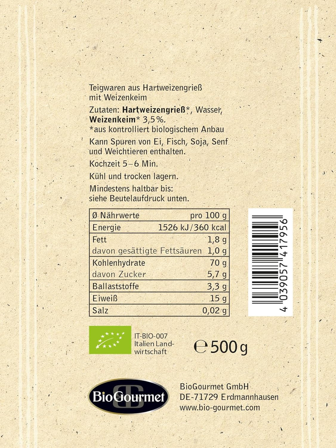 BioGourmet Pappardelle s pšeničnými klíčky - BIO široké těstoviny na dušená jídla a omáčky - s extra živinami | 500 g BIO a Vegan