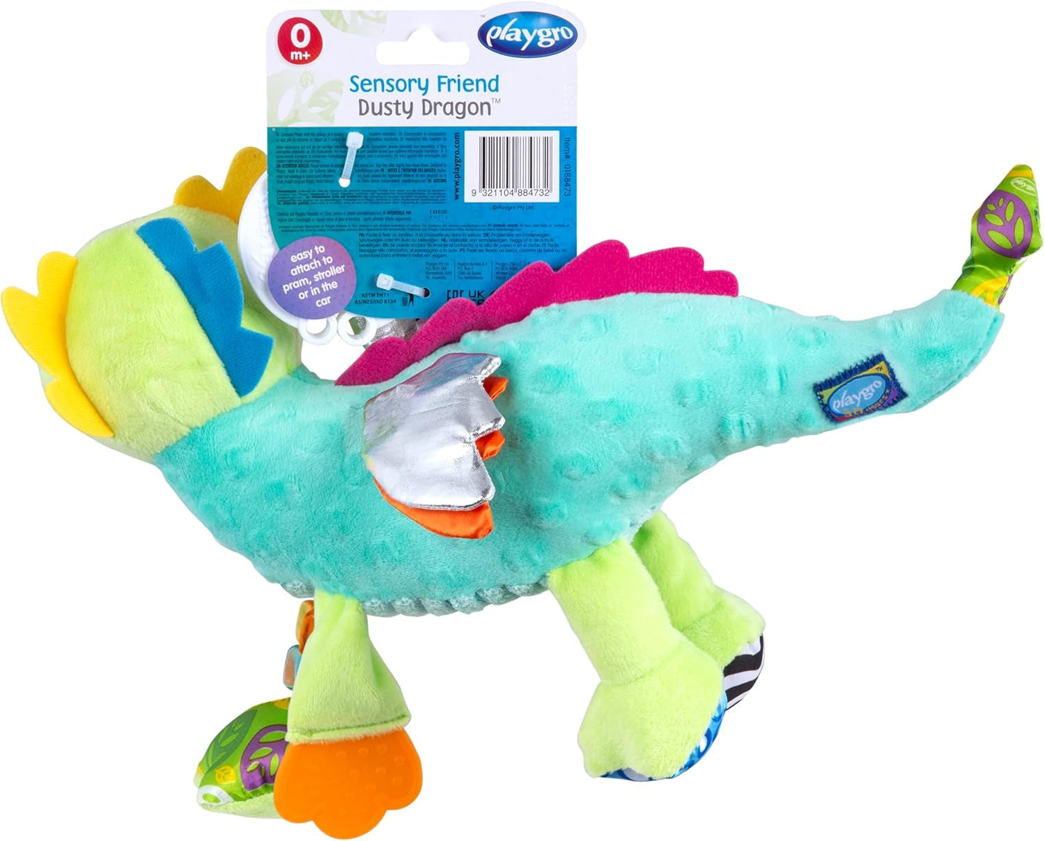 Playgro Sensory Friend, Dragon Dusty - jucărie pentru copii - abilități motorii - senzoriale pentru copii - zornăitor pentru copii - abilități motorii pentru copii - jucărie pentru copii - colorată Jucarii Bebe Naty Shop