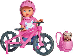 Simba 105733273 - Evi Love Ferienspaß Fahrrad, Puppe mit Fahrrad, Hund und Rucksack, Ankleidepuppe, 12cm, für Kinder ab 3 Jahren