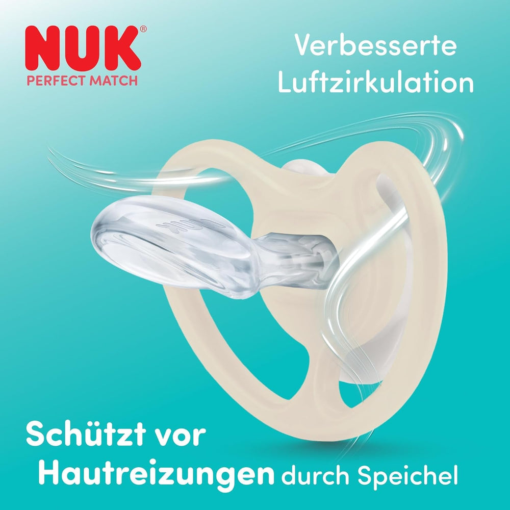 Suzete NUK Perfect Match Air pentru bebeluși | 6-18 luni | Suzete ortodontice care promovează circulația aerului și previn erupțiile cutanate cauzate de salivație | Acceptare 95% de către bebeluși** | Zebră/Leu | Pachet de 2