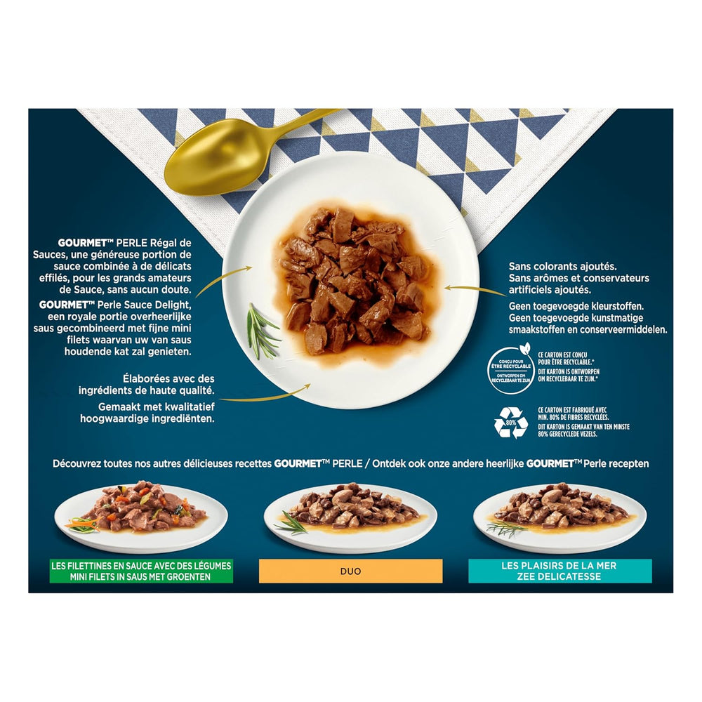 Pearl | Suport pentru sos | Pisică adultă | Vită, Pui, Ton, Somon | 12 x 85 g | Pliculețe pentru prospețime (ambalajul poate varia)