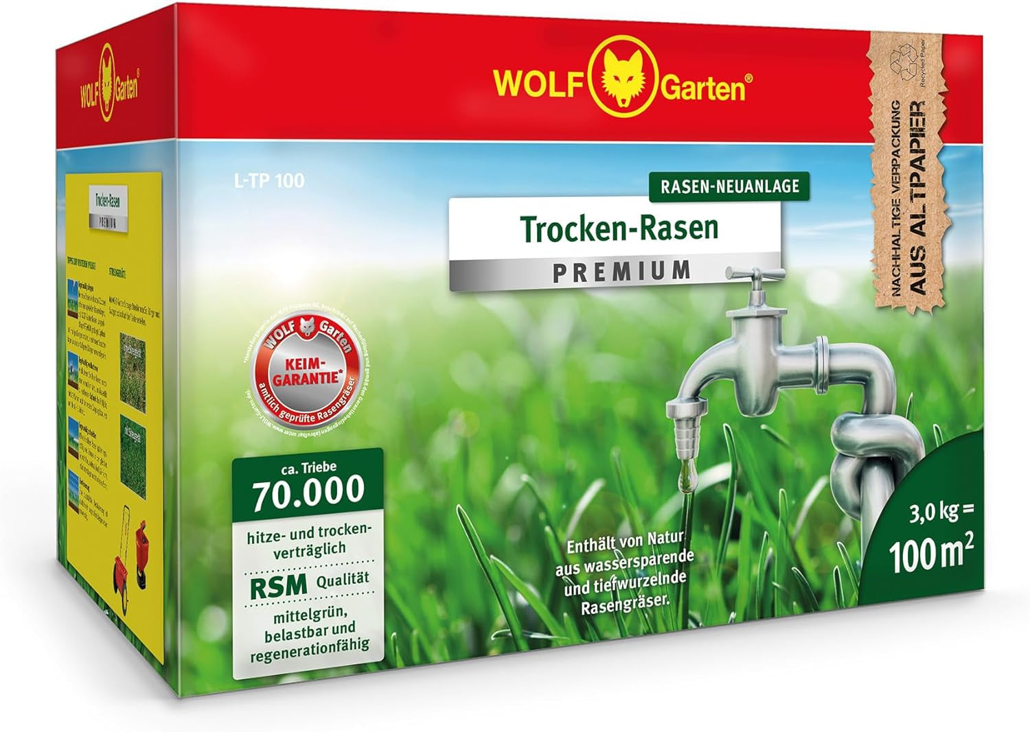 Wolf-Garten Trocken-Rasen PREMIUM L-TP 100 (Für 100 M², Hohe Dichte Mit Ca. 70.000 Trieben/M2, Sehr Gute Hitze- Und Trockenverträglichkeit, Widerstandsfähig Gegen Frost, 3 Kg Faltschachtel) 3824641