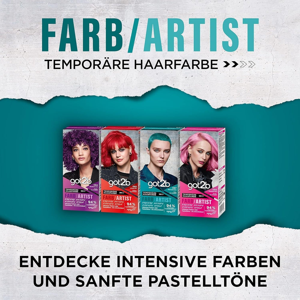 got2b Colour/Artist 097 Mermaid Green Level 2 (3x 80 ml), vopseaua de păr temporară face părul să strălucească în culori intense sau nuanțe pastelate, vopseaua de păr durează 12-15 spălări, formulă vegană Vopsea pentru par Naty Shop