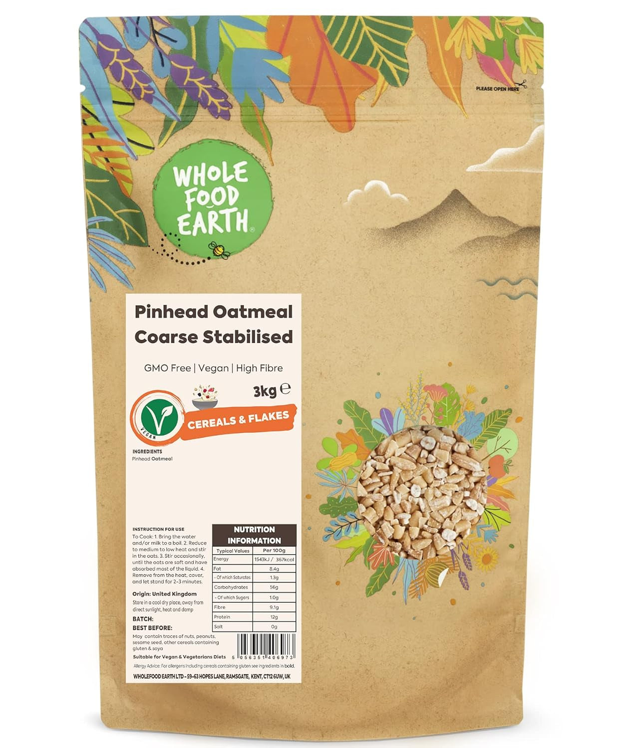 Wholefood Earth Pinhead Ovesné vločky hrubé stabilizované 3kg | Bez GMO | Bohaté na vlákninu