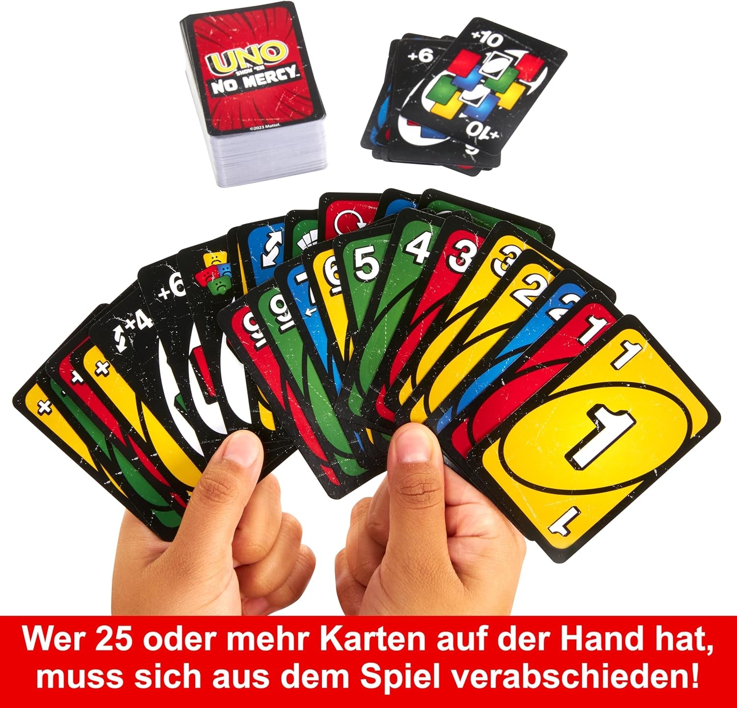 Mattel UNO Show 'em No Mercy – 56 extra karet, náročné akční karty a brutální pravidla hry pro nejnemilosrdnější verzi, pravidlo skládání a výměna rukou, věk 7+, HWV18