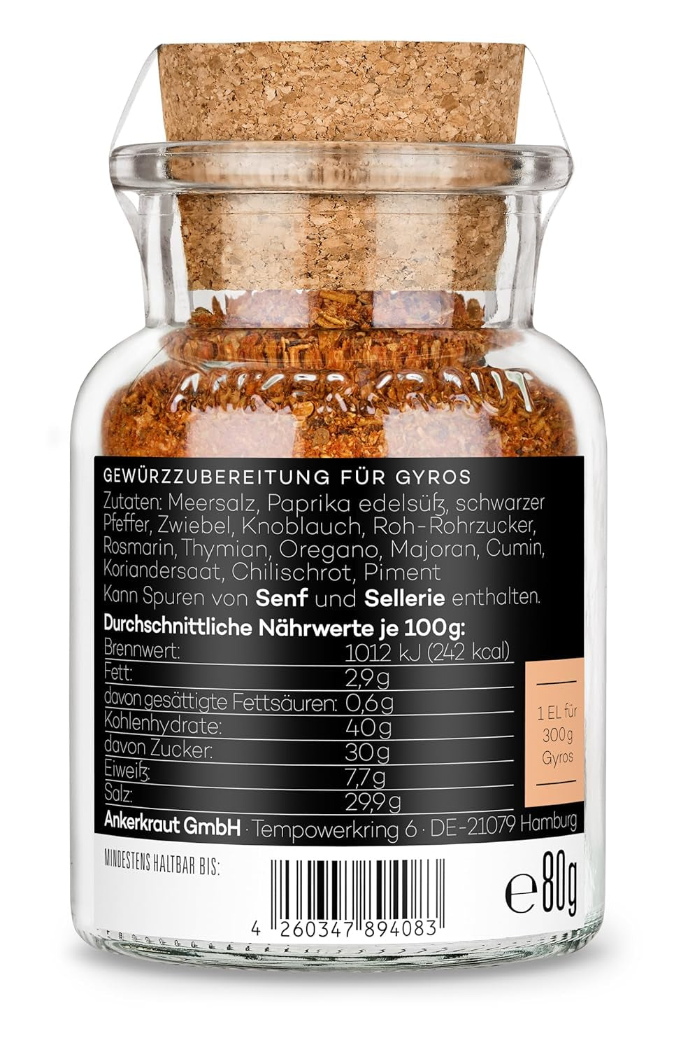 Ankerkraut Gyros, Gewürzmischung für Gyros, egal ob aus der Pfanne nebo vom Grill, mit Zwiebel, Knoblauch, majoránka, kmín, Piment und mehr, 80 g v Korkenglas