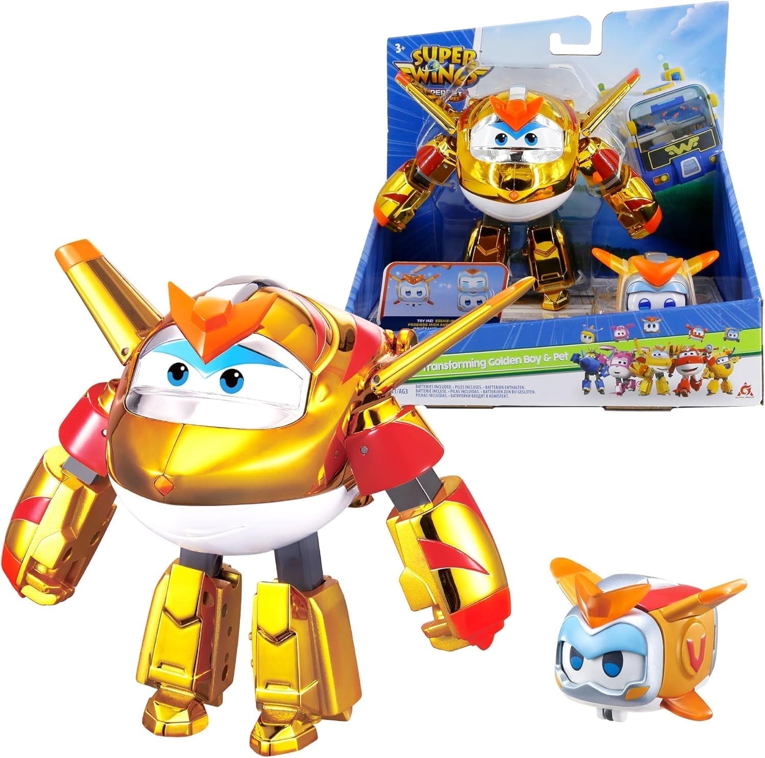 Super Wings EU770447 - Transformující se Tino & Pet, transformující se figurka cca. 14,5 cm a mazlíček o výšce cca. 4,3 cm, pro děti od 3 let Akční figurky Naty Shop The golden boy