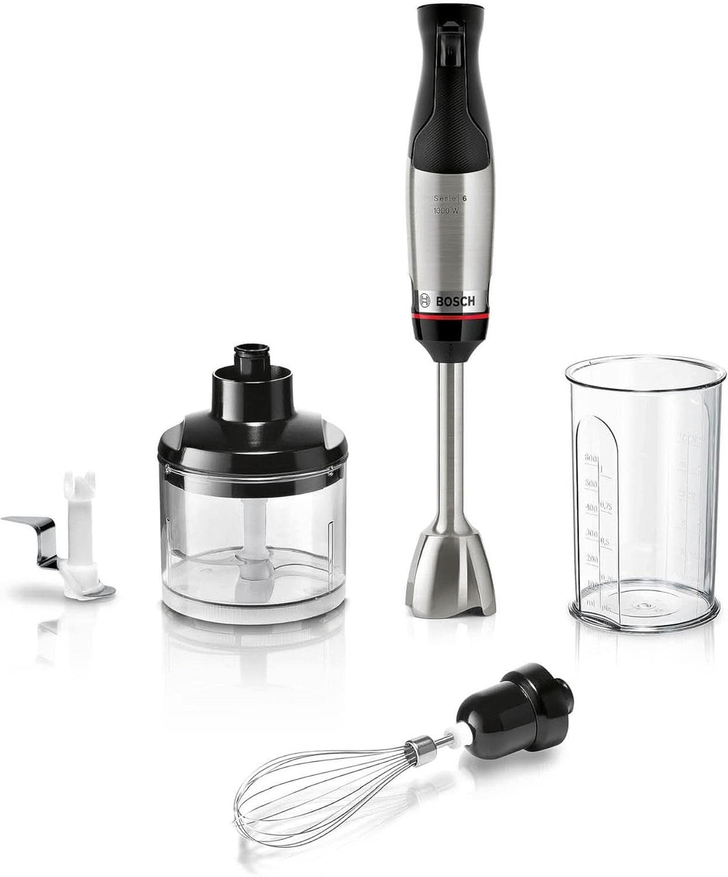 Bosch Stabmixer Ergomaster Serie 6 MSM6M623, 10 Jahre Motorgarantie, Edelstahl-Klingen, Verschleiãÿfreie Keramik-Kupplung, Luftkühlung, Zerkleinerer, Kartoffelstampfer, Schneebesen, 1000 W, Edelstahl Bucatarie Naty Shop 3-In-1, Ergomaster Serie 6