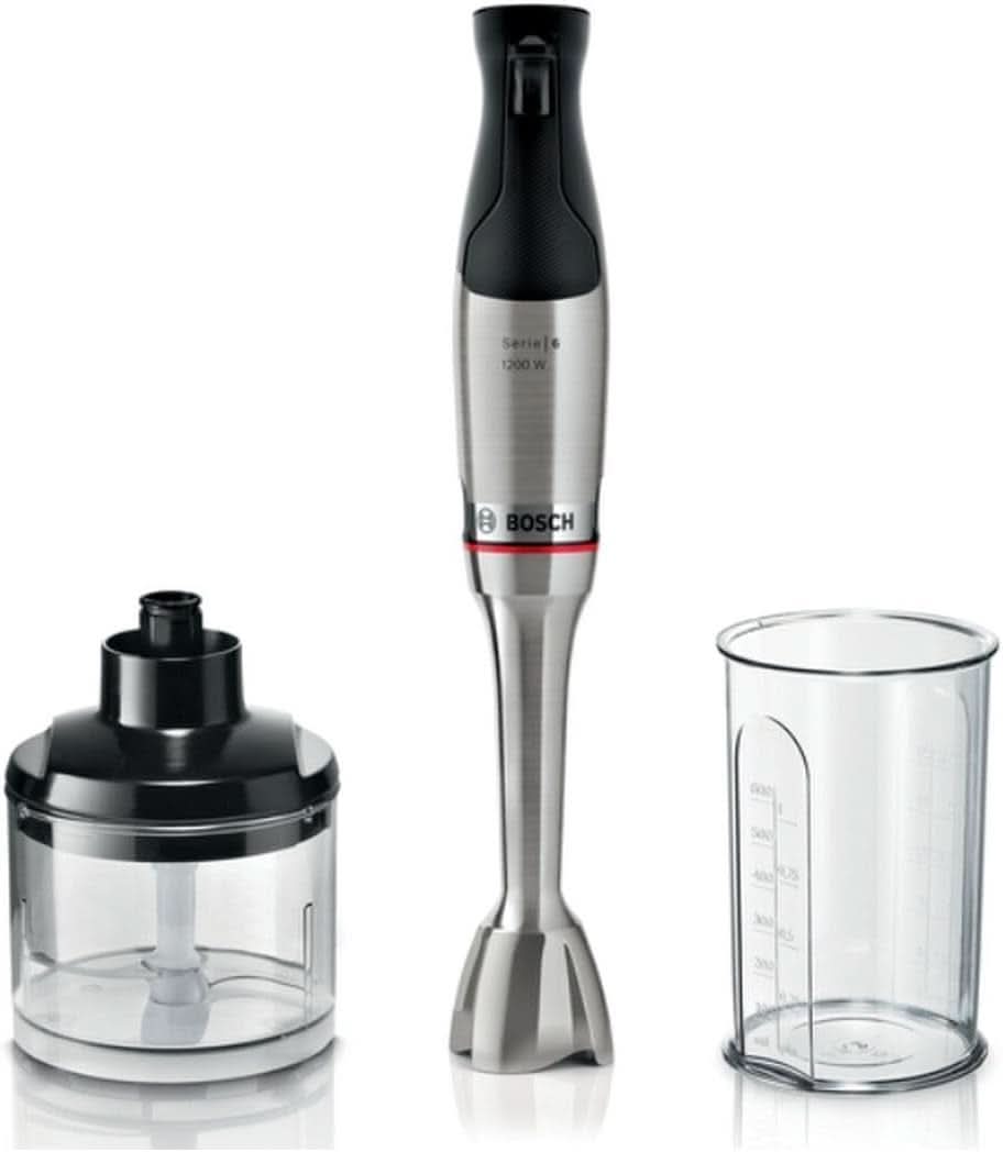 Bosch Stabmixer Ergomaster Serie 6 MSM6M810, Einhändig Bedienbar, 10 Jahre Motorgarantie, Edelstahl-Klingen, Verschleißfreie Keramik-Kupplung, Luftkühlung, Quattroblade, Mixbecher, 1200 W, Shopstahl 0W, Edelstahl-10 Watt