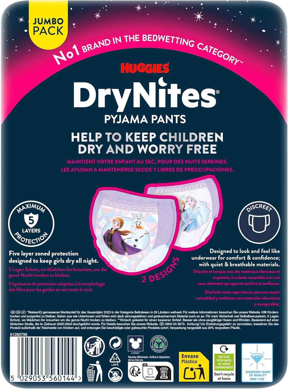 Super absorpční noční pleny Huggies DryNites pro dívky 3-4 roky (12-21 kg) 4 x 16 (celkem 64) Balíček měsíčních kalhotek