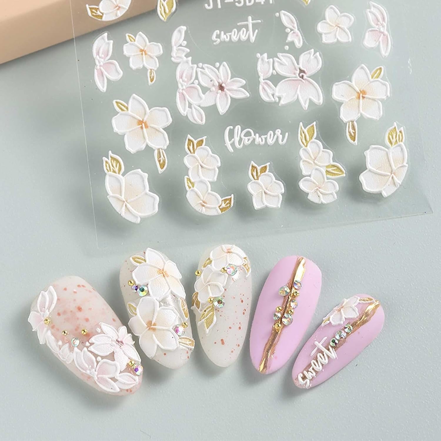 JMEOWIO 3D Nagelsticker Frühling Blume Nail Art Sticker Selbstklebend Nagelaufkleber 5D Stereoskopisch Buntes Sommer Blumen Dekoration Nageldesign Zubehör 4 Blatt