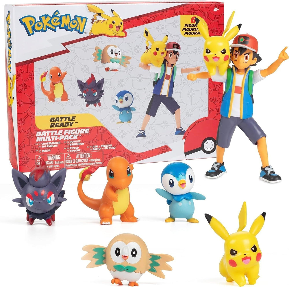 Pokémon Battle připraven! Sada 6dílných figurek - 11,4 cm Ash & Launching Pikachu, 5,1 cm Charmander, Rowlet, Piplup, Zorua - Oficiálně licencováno - Velikonoční dárek pro děti, chlapce a dívky Akční figurky Naty Shop Výchozí název