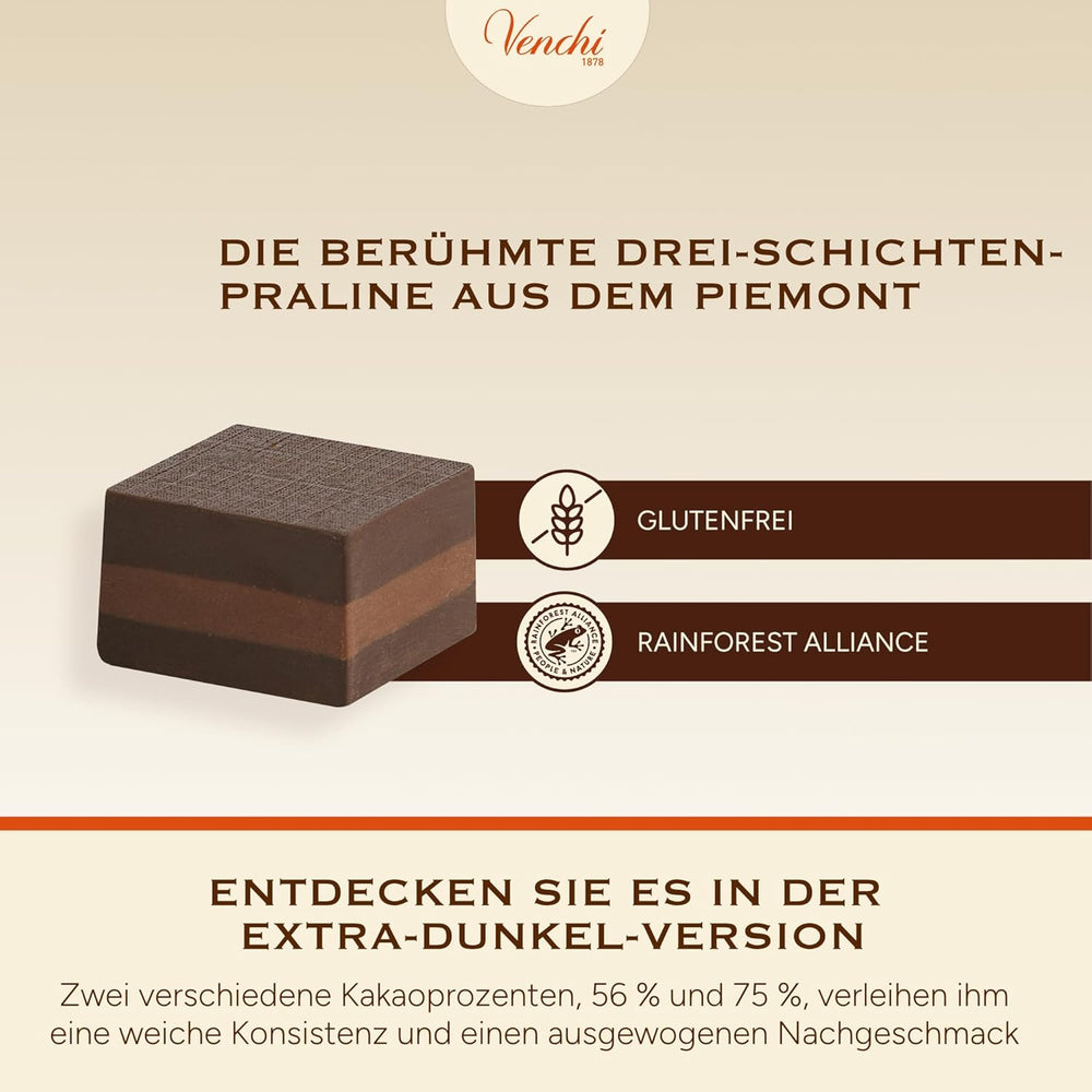 Venchi - Cremino Extra Black Chocolate - Hořká čokoláda s mandlovou pastou a "Piedmontese lesní lískové oříšky CHZO", 1 kg, bez lepku, bez barviv a bez konzervantů