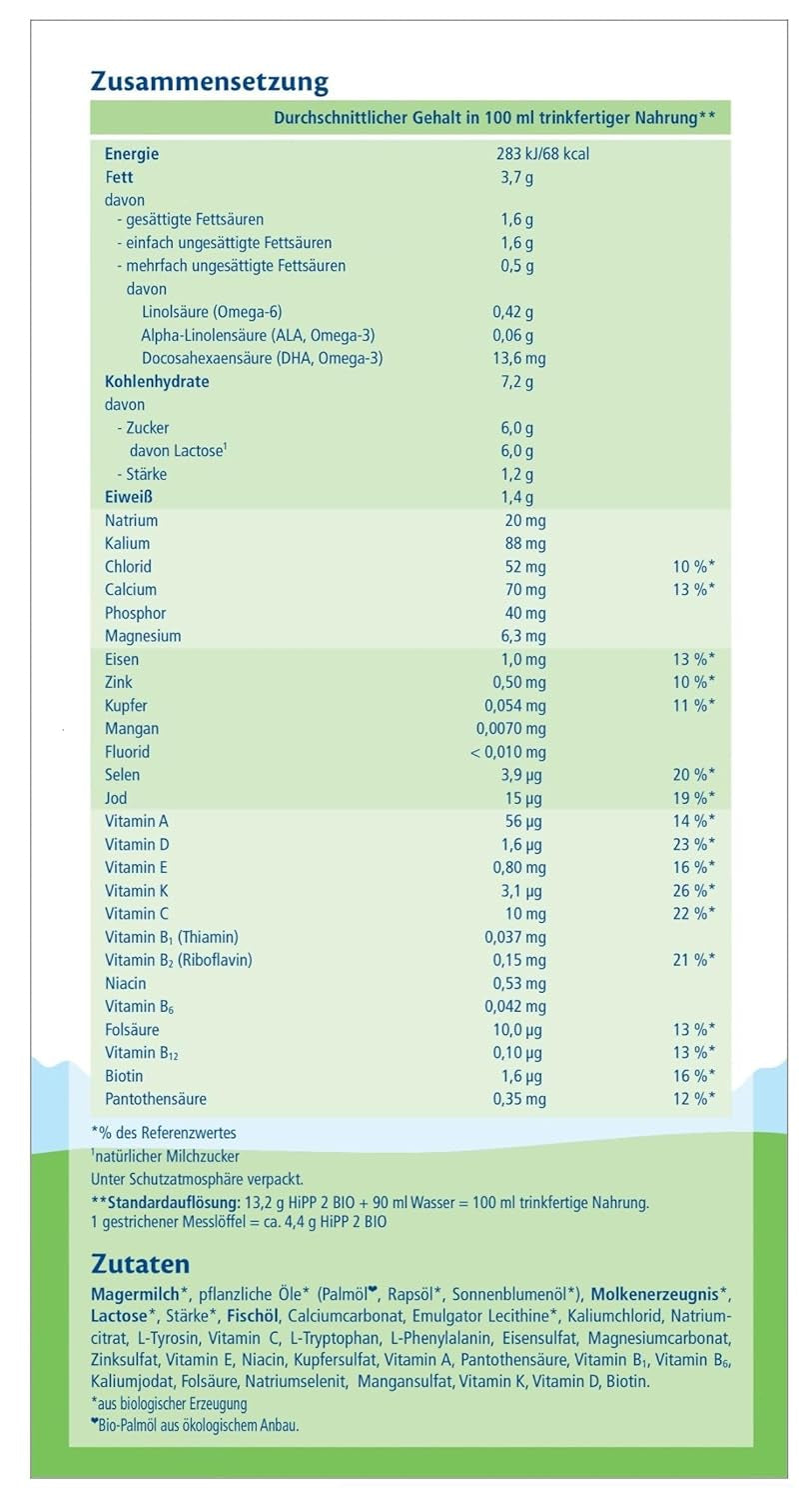 Pokračovací mléko HiPP 2 Bio (4 x 600 g), po 6 měsících, s Omega-3 (DHA, ALA), vápníkem a snadno připravitelným organickým škrobem, nejlepší BIO kvality