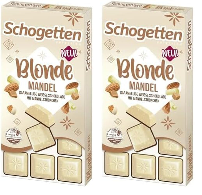 Schogetten Blonde Mandle | Bílá čokoláda s karamelem a kousky mandlí | 100 g | Pohodlné porcování (balení po 2 kusech)