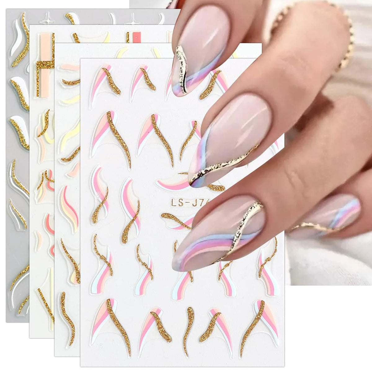 JMEOWIO Nagelsticker Französischer Tipp 9 Blatt Nail Art Sticker Selbstklebend Nagelaufkleber Glitzer Wellenlinie Dekoration Nageldesign Zubehör