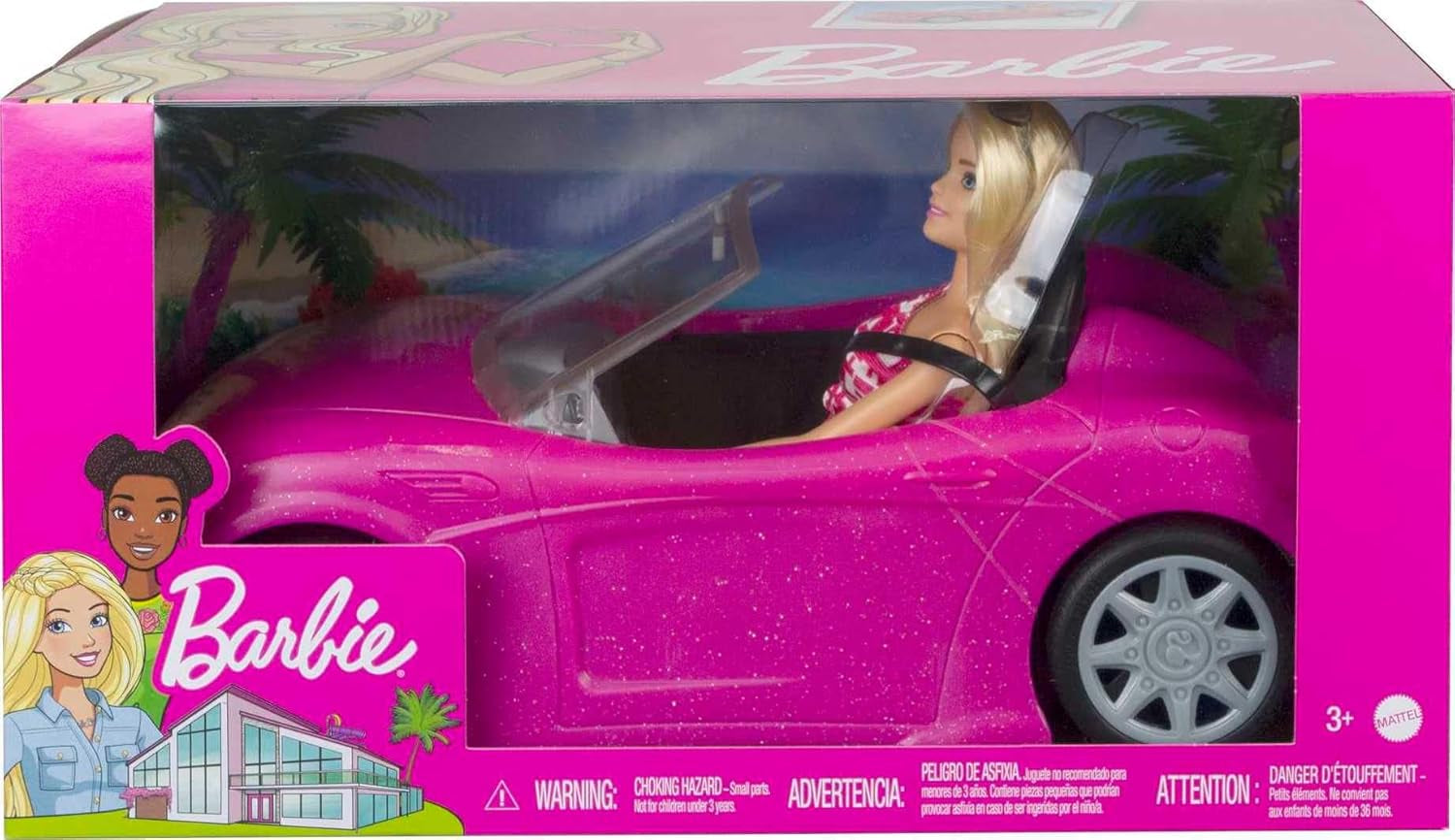 Barbie Puppe und Cabrio in rosa mit Glitzer, realistische Reifen Logo, Spielzeug ab 3 Jahren, DJR55