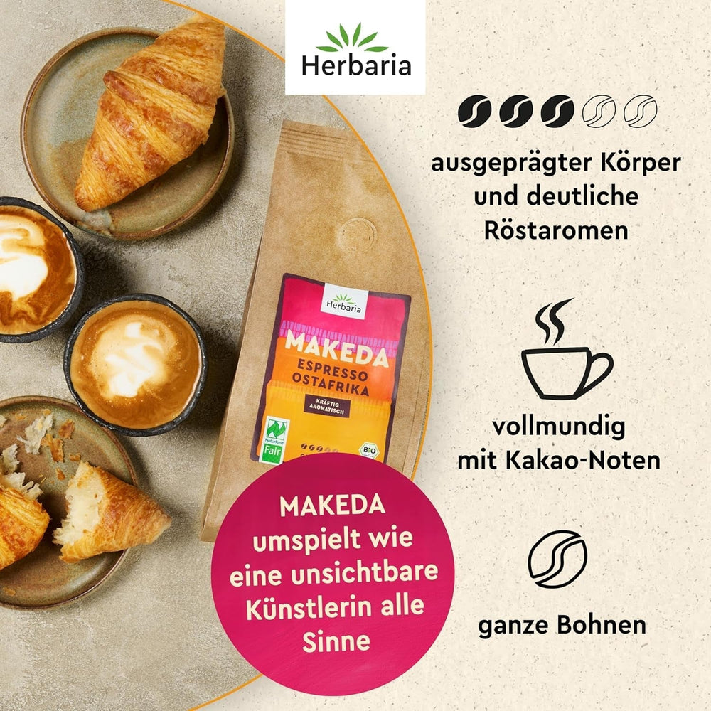 Herbaria MAKEDA Organic Espresso Whole Beans 1Kg - Naturland Fair Certified din Africa de Est - Arome prăjite cu cacao și note de lemn de stejar - boabe de cafea organice perfecte pentru filtre portabile și mașini automate de cafea Cafea Naty Shop