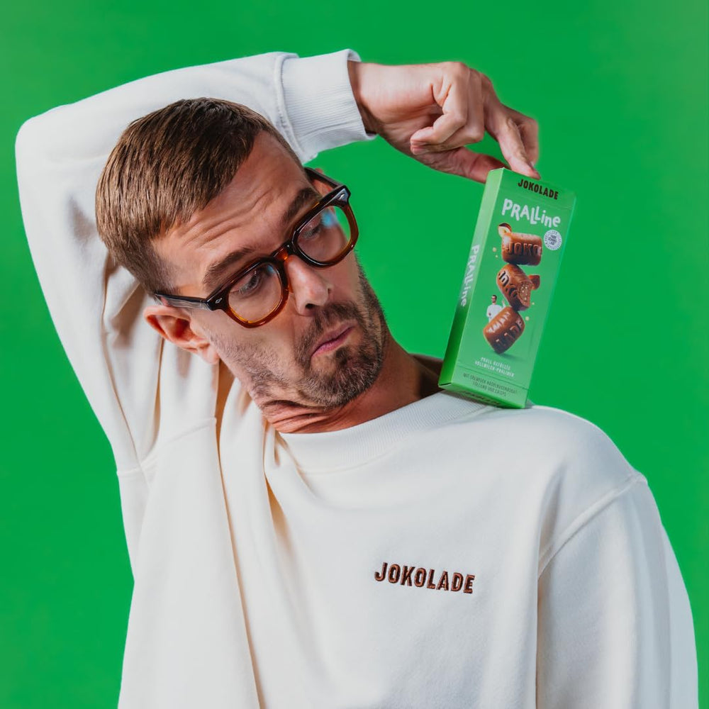 JOKOLADE PRALINE Krabička 80g | Bohatá náplň s lískooříškovým nugátovým krémem a hranolky | Fair trade čokoláda od Joko Winterscheidt