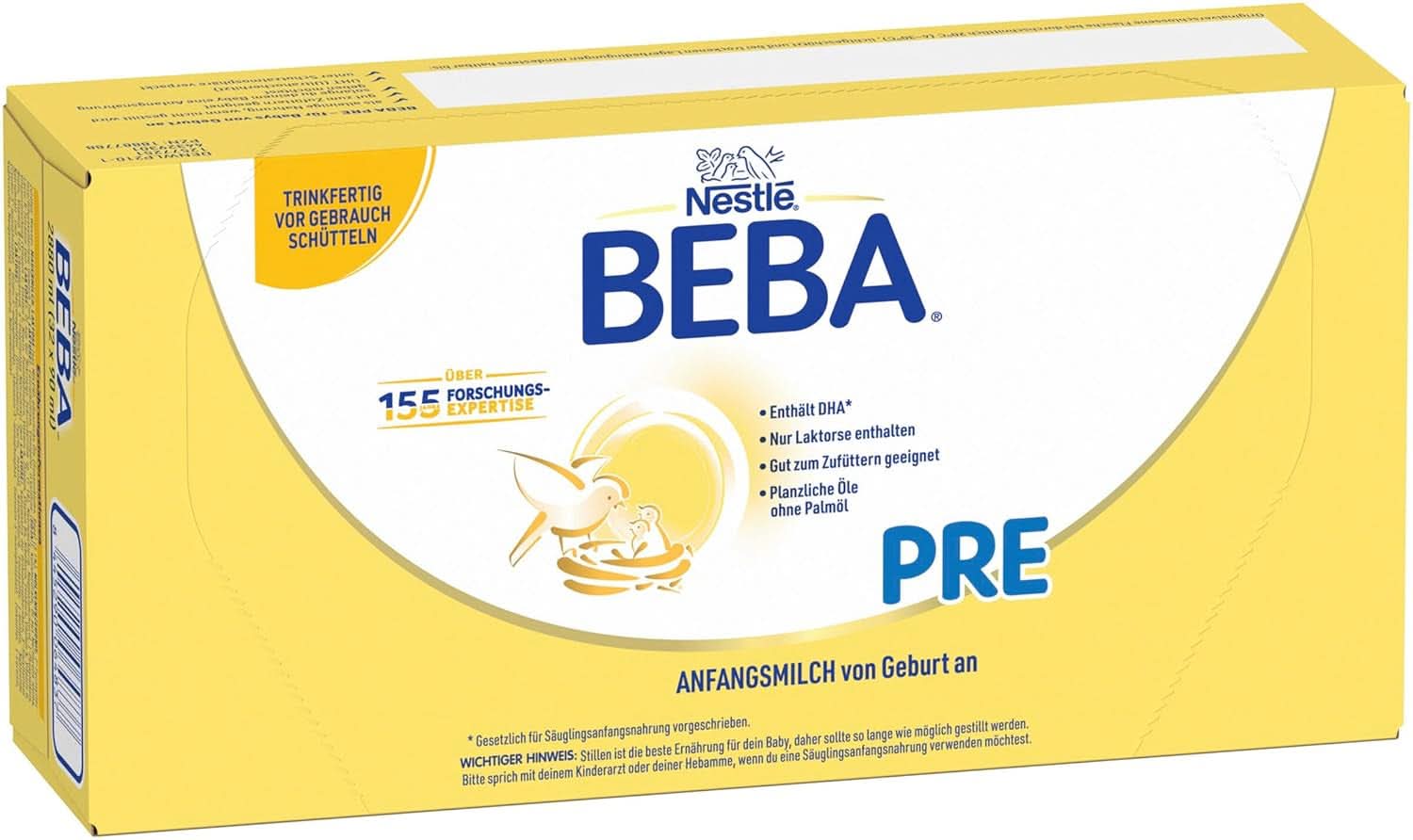 BEBA PRE Počáteční mléko od narození, kojenecká výživa s DHA, pouze laktóza, bez palmového oleje, balení 3 (3 x 800 g) Naty Shop PRE 32 x 90 ml 32 x 90 ml