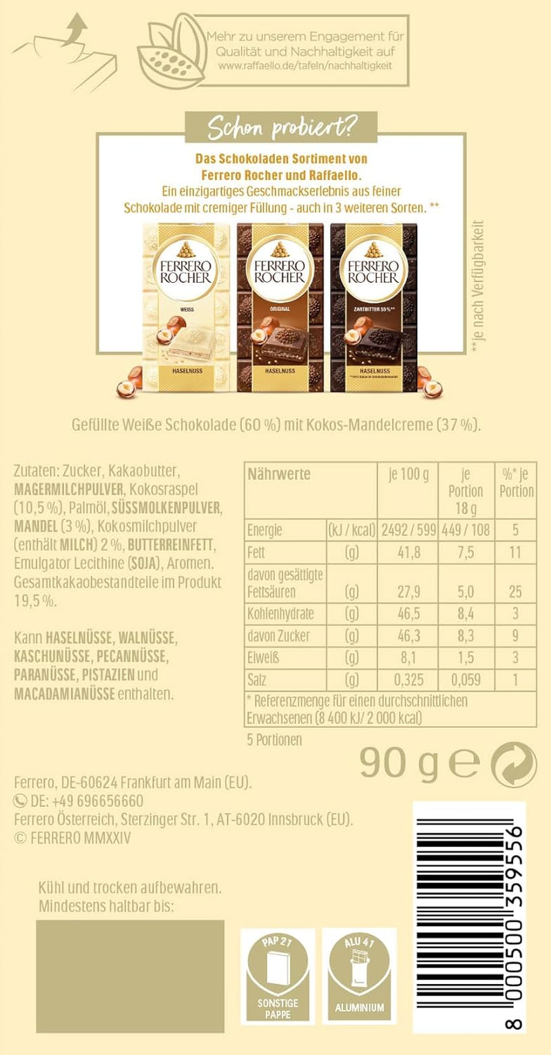 Čokoládová tyčinka Ferrero Raffaello - valentýnský dárek pro něj a pro ni - bílá čokoláda s kokosovým krémem a mandlemi - 1 čokoládová tyčinka x 90 g