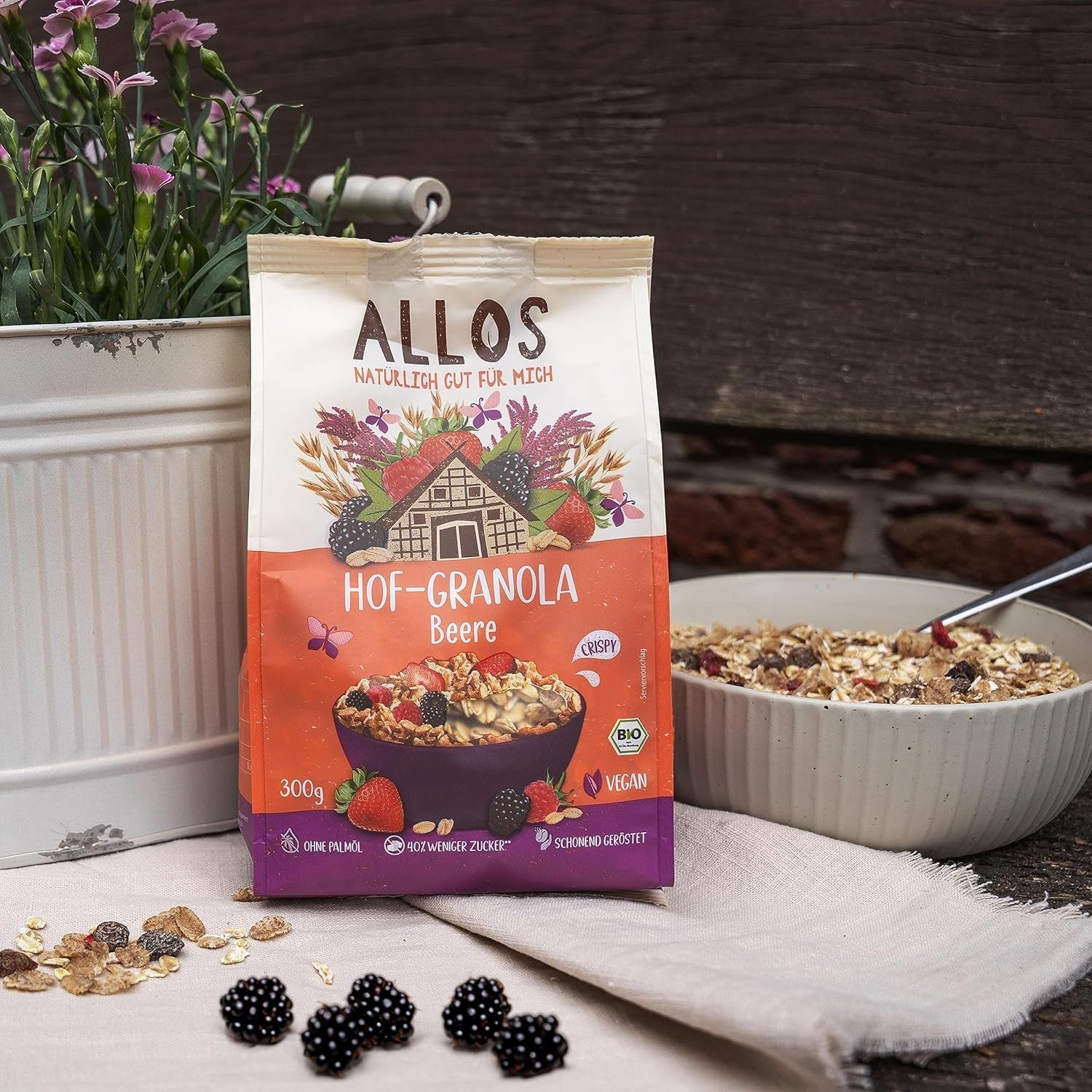Allos Hof Granola s ovocem | Bio müsli | Müsli s ovocem | Křupavé müsli | Cereálie k snídani | Balení po 6 (6 x 300 g), 1 kus (balení po 6)